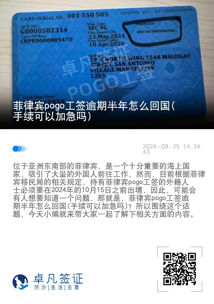 菲律宾pogo工签逾期半年怎么回国(手续可以加急吗)